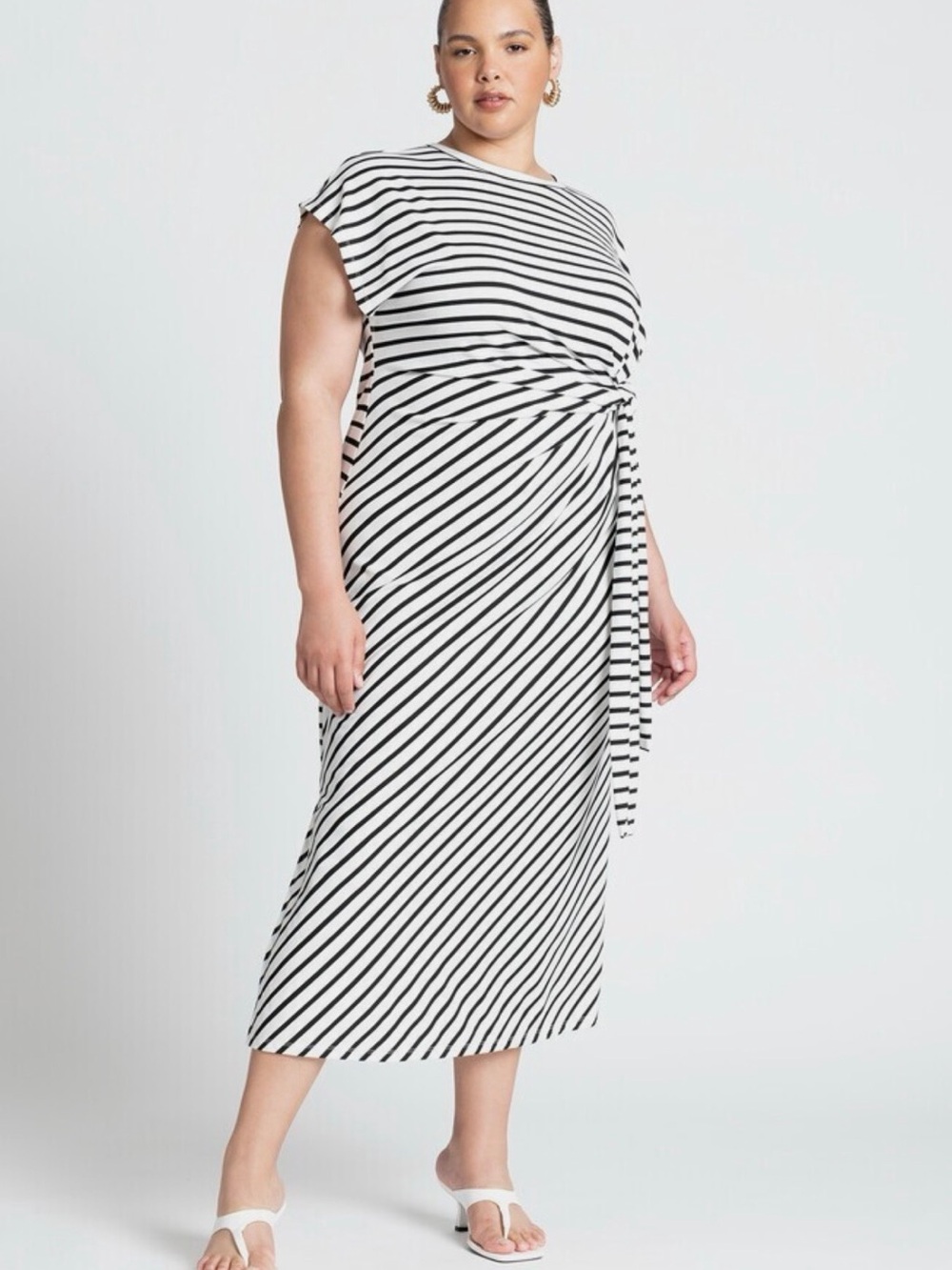 Eloquii Navy & White Striped Knot-Waist Midi Dress